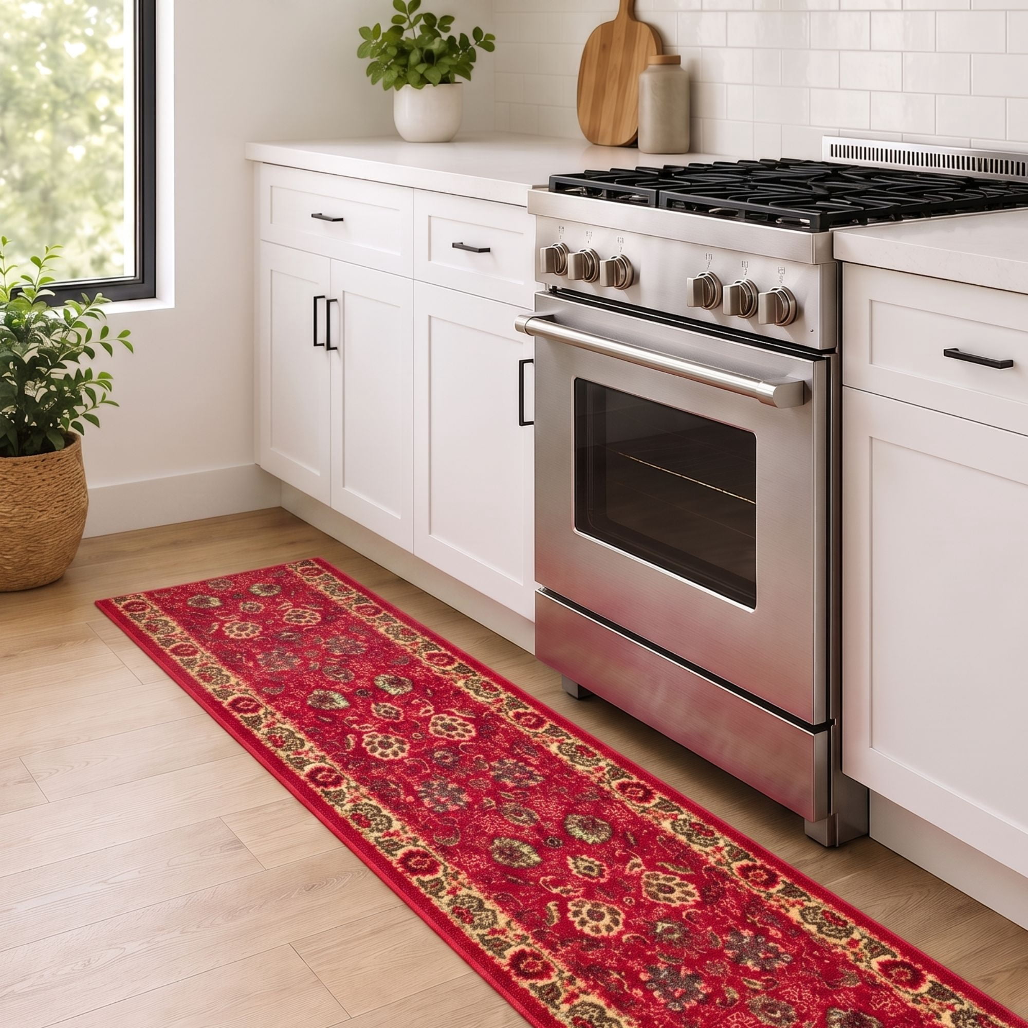 Ottomanson Extra Long Runner Rug 1'10.5" x 55' – Non-Slip Low Pile Hallway Carpet, Oriental Red