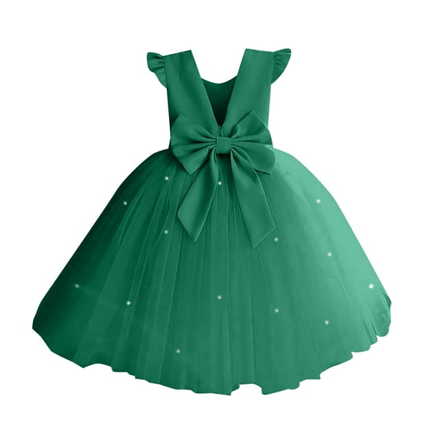 2DXuixsh Robes pour Filles Extensibles Ligne A Évasée Robe de Fête Robe de Fille Fleur Robes de Performance Piano pour Adolescentes Petite Fille Robe Vert Foncé Taille 100