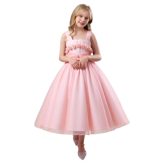 WMQPNNS Flower Girls Floral Tutu Dress Long A Line Wedding Pageant Dresses Elegant Birthday Party Ball Gown, Dress for Age 10-11 Years, Light Pink