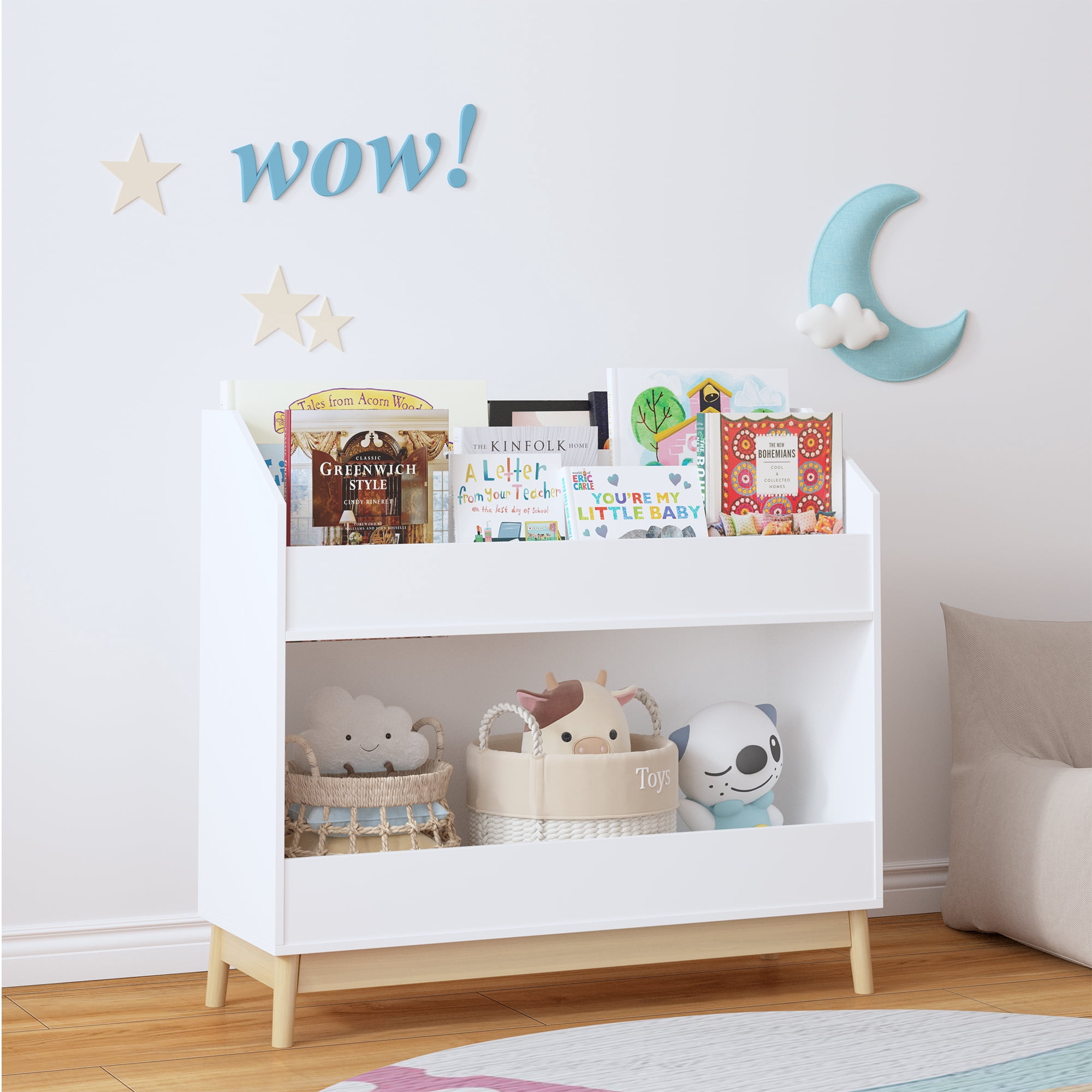 Large White Kids Bookshelf 3-Tier Book Display with Bottom Storage Bin Wood Legs Playroom Nursery Organizer