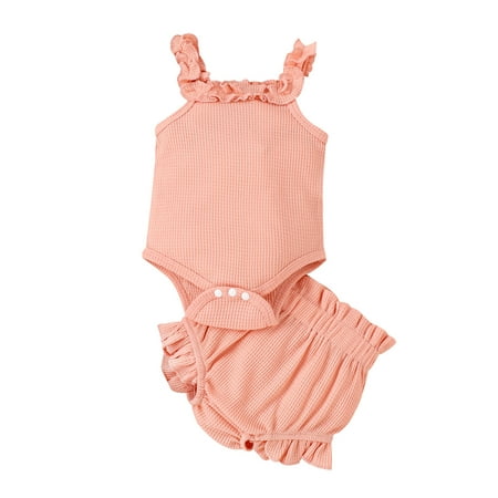 

Qtinghua 2PCS Newborn Baby Girls Summer Outfits Sleeveless Ribbed Ruffle Romper with Shorts Sets Pink 3-6 Months