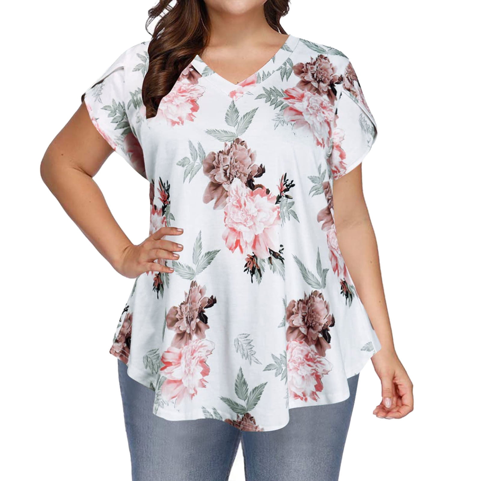 Sayhi Womens Summer Tops 2023 V Neck Top Plus Size Shirts Short Sleeve  Casual Loose Print Blouses White XXL 