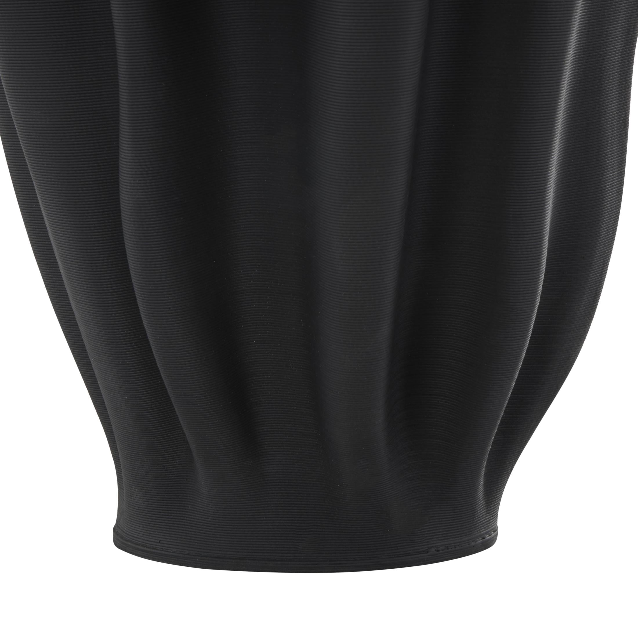 DecMode 15" Abstract Dimensional Ribbed Tulip Black Ceramic Vase with Angular Rim