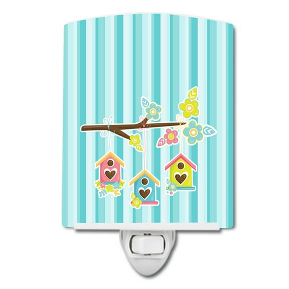 Birdhouses on Blue Stripes Ceramic Night Light