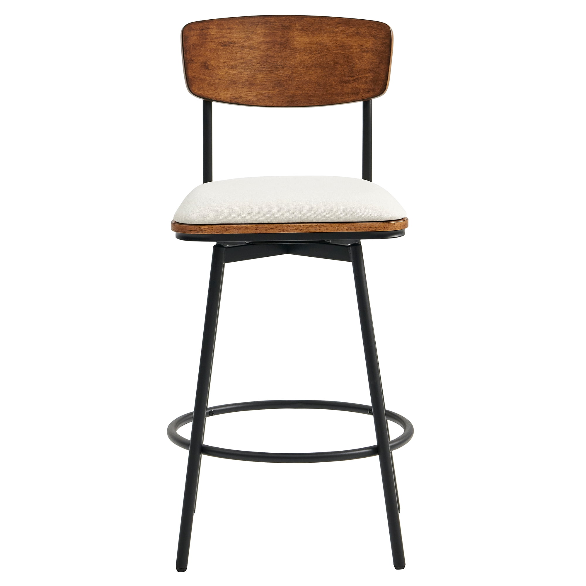 Spruce & Spring Counter Height Swivel Bar Stool with Wood Back and Metal Base Set of 2, White, Fabric