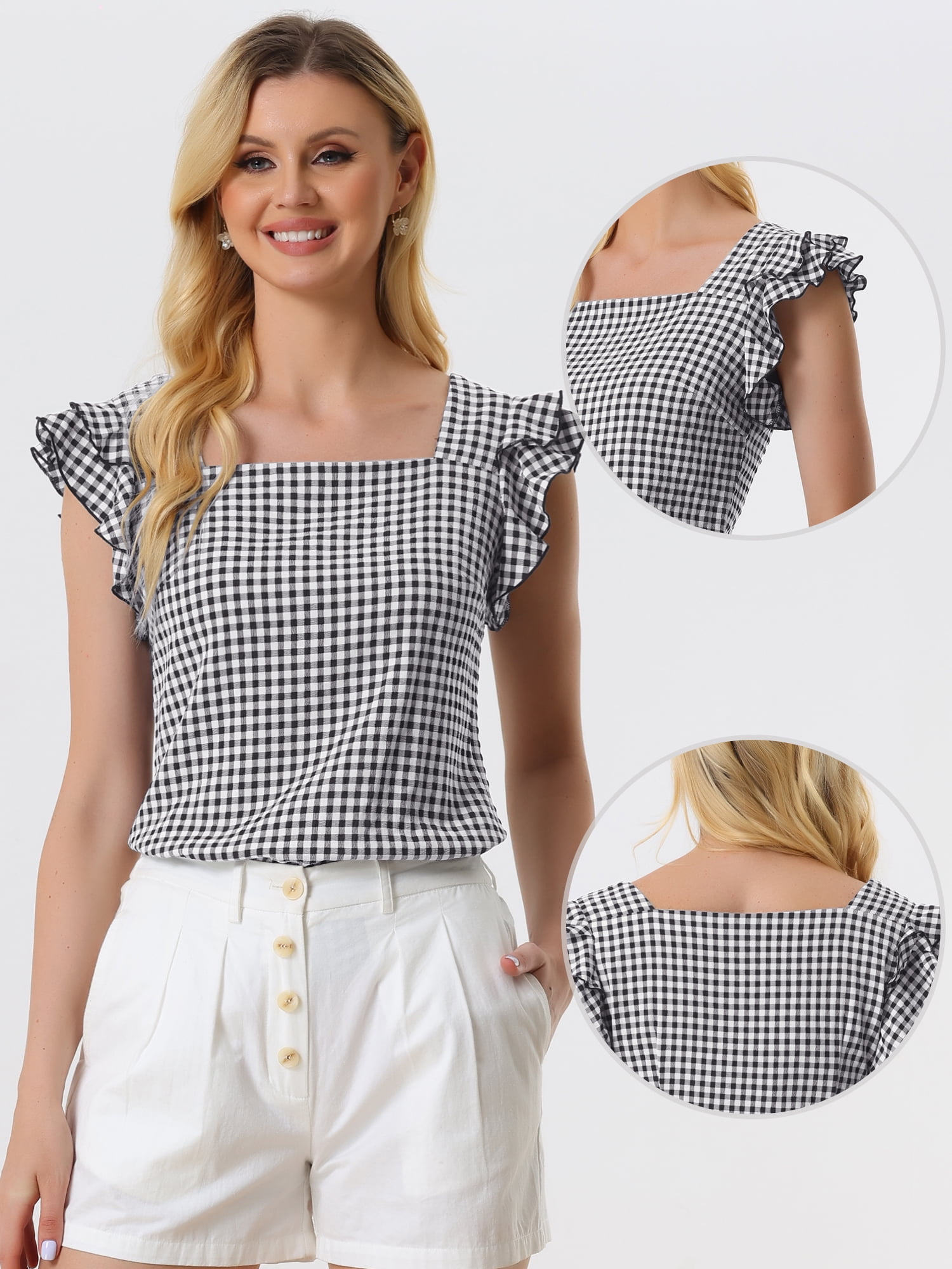DARING DIVA Square Neck Ruffle Sleeve Blouse S Black