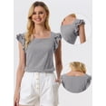 thumbnail image 2 of Top de verano a cuadros para mujer Blusa de manga con volantes y cuello cuadrado Negro S, 2 of 4