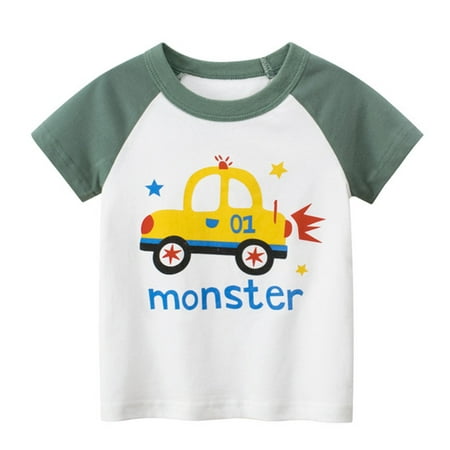 

nsendm Toddler Kids Baby Boys Girls Cars Print Short Sleeve Crewneck T Shirts Tops Tee Clothes For Children 4t Thermals Boys Shirt Green 1-2 Years