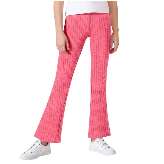 Cethrio Girls Flare Pants Size 10-12, Elastic Waist Stretchy Knitted Casual Flare Leggings Pink