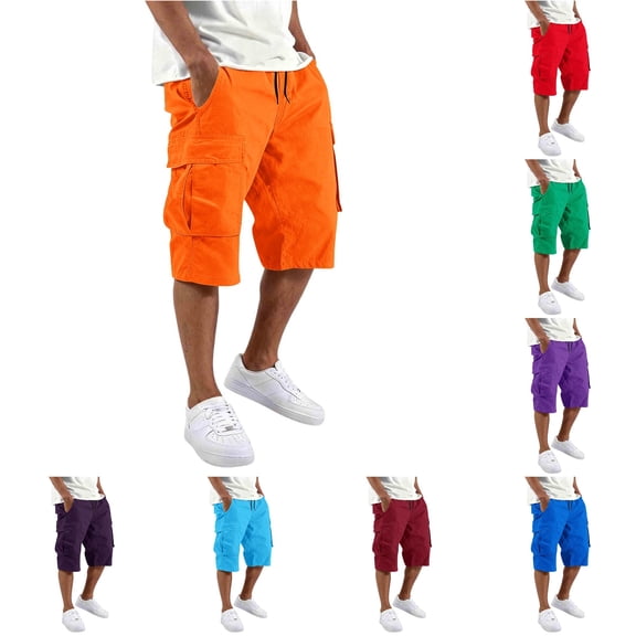 XDZJLR Big And Tall Cargo Shorts For Men Casual Shorts With Pockets And Drawstring Solid Color Versatile Hiking Shorts Orange M