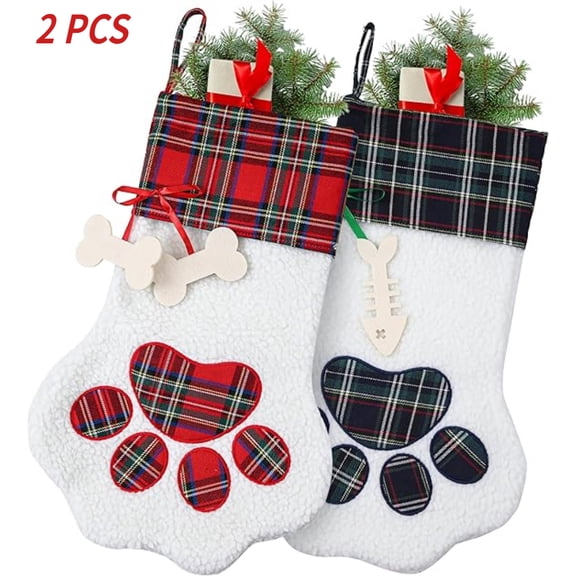 TYMZDYN 2 Pieces Buffalo Plaid Pet Stockings for Cats and Dogs - Paw Pattern Hanging Christmas Decorations