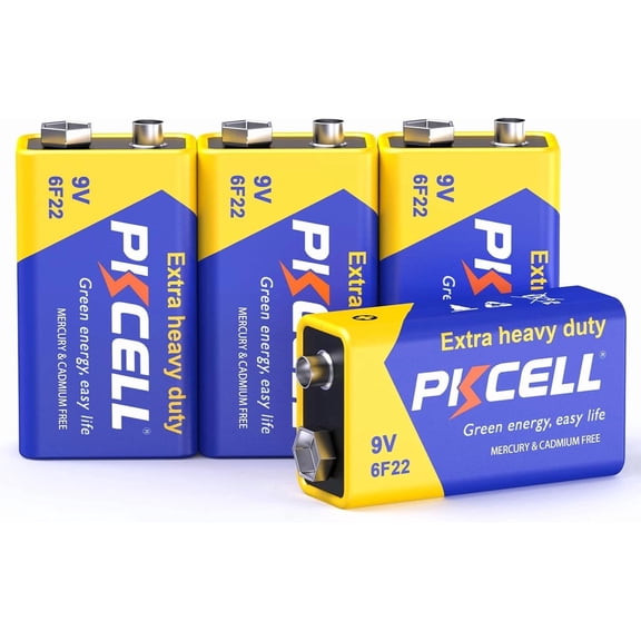 PKCELL Heavy Duty Carbon Zinc 9V Batteries 4-Pack, Ultra Long-Lasting 9 Volt Alkaline-Free Batteries Perfect for Smoke Detectors