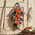 thumbnail image 6 of Halloween Skeleton Wreath Door Swag with Orange Hydrangea Flowers, Aesthetic Black Striped Bow Artificial Floral Hanging Wreath, Spooky Indoor Outdoor Decor for Centerpiece Party Holiday Wall Home, 6 of 9