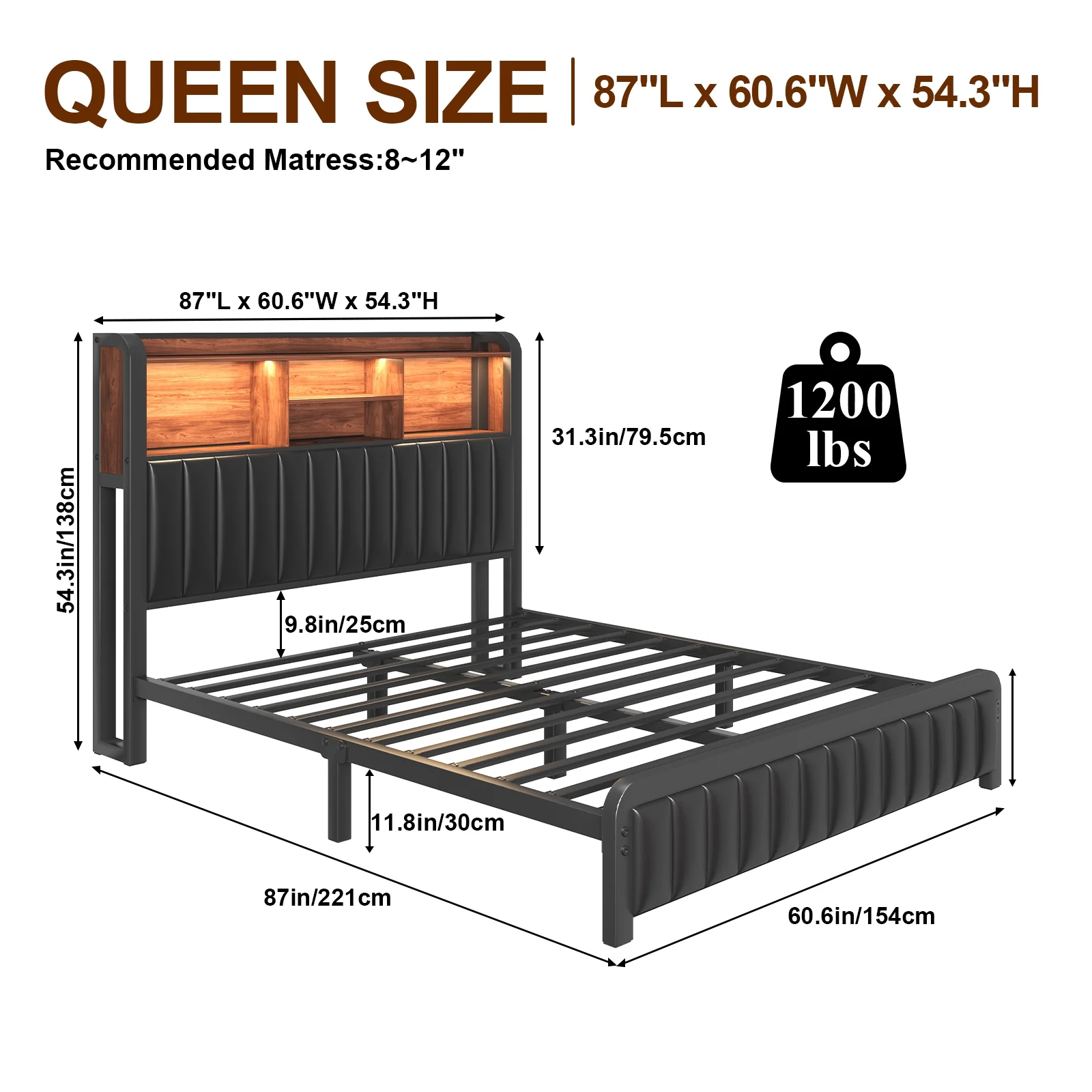 Queen Size Bed Frame with Storage Headboard and LED Lights, Metal Platform Bed with Charging Station, Heavy Duty Metal Frame Support, PU Leather, Black