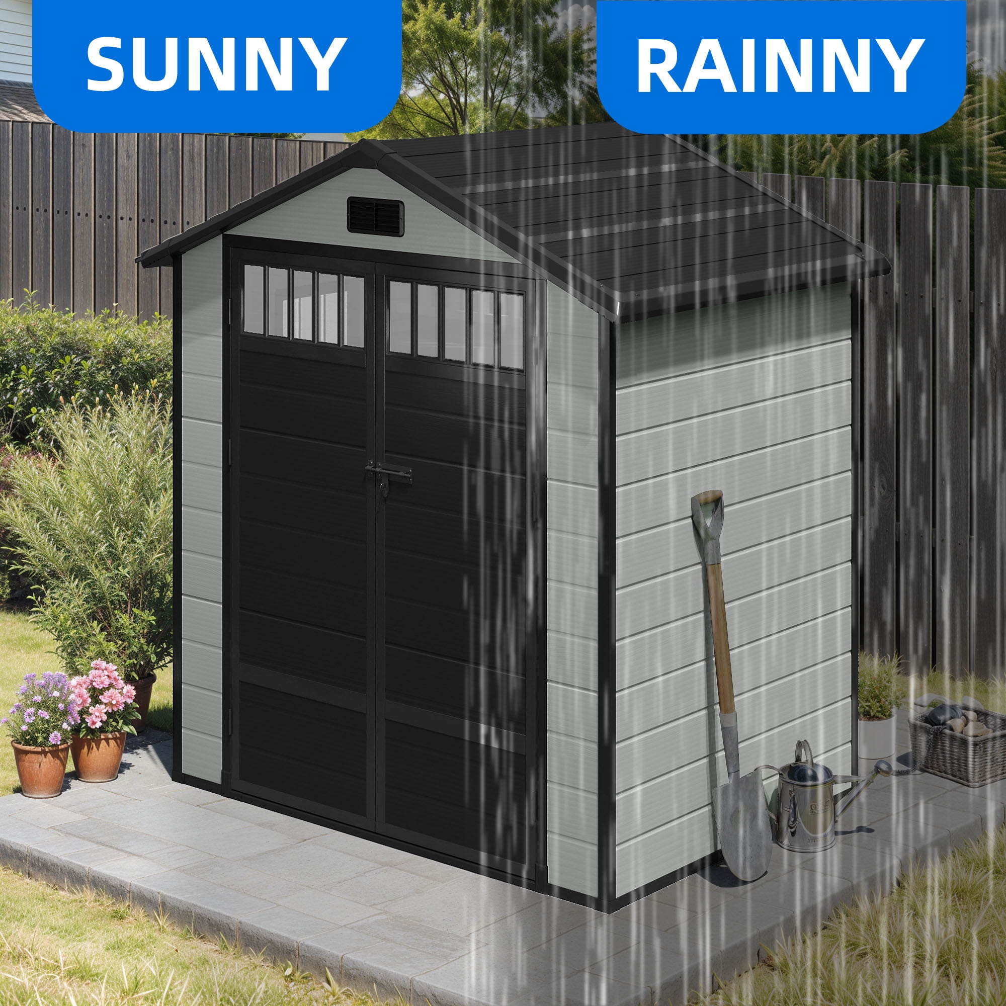Uforic 6x4.4 FT Outdoor Storage Shed with Floor and Window, Large Storage Shed with Lockable Door, and Vents, Blue Gray