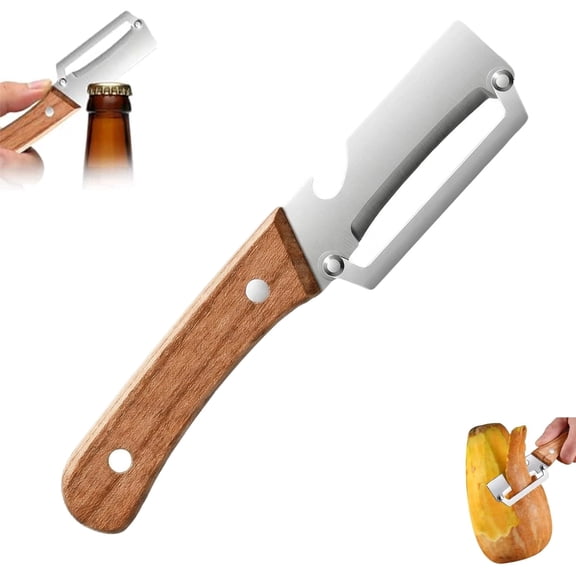 Multifunctional Vegetable Peeler with Wooden Handle and Bottle Opener, Kitchen Tool for Fruit Apple Potato Pumpkin Papaya Zucchini