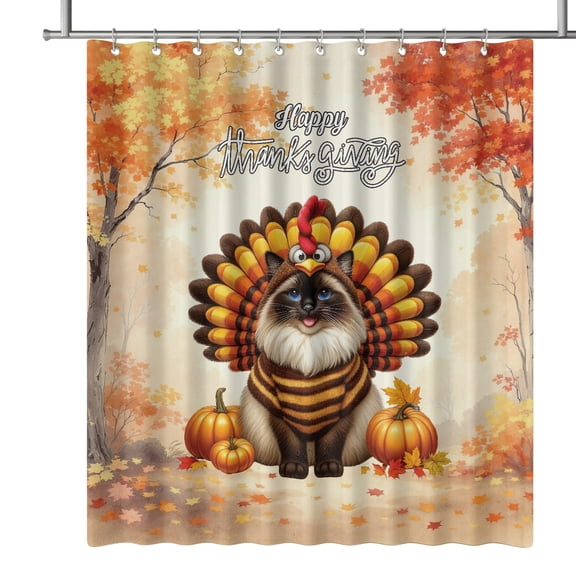 Happy Thanksgiving Ragdoll Turkey Costume Pumpkins Autumn Leaves Shower Curtain Cat Lover Kitten Owner Gifts Idea Waterproof Bathroom Bathtub Curtain - 130144