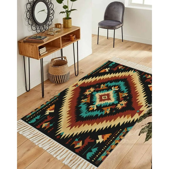 Boho Orange Teal Area Rug 3x5ft Woven Runner Rug,Southwestern Abstract Geometric Ethnic Washable Living Room Hallway Bedroom Kitchen Carpet with Tassels,Indoor Outdoor Throw Door Mat for Entryway