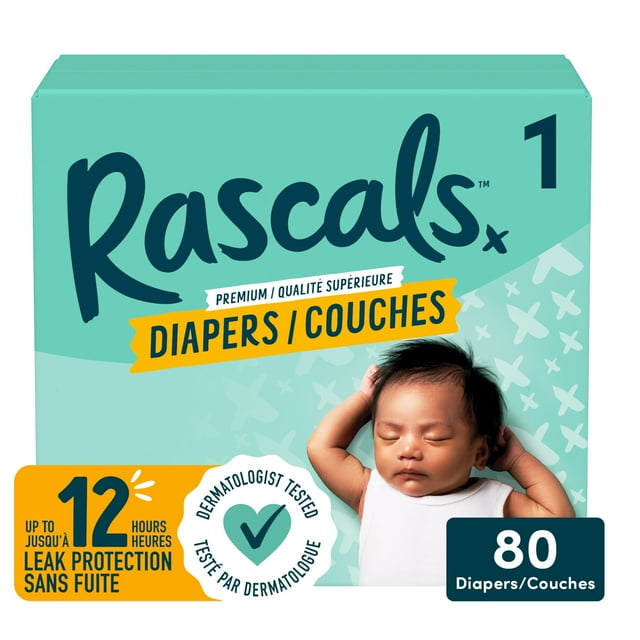 Rascals Premium Absorbent Baby Diapers, Size 1, Small Carton, 80 Count