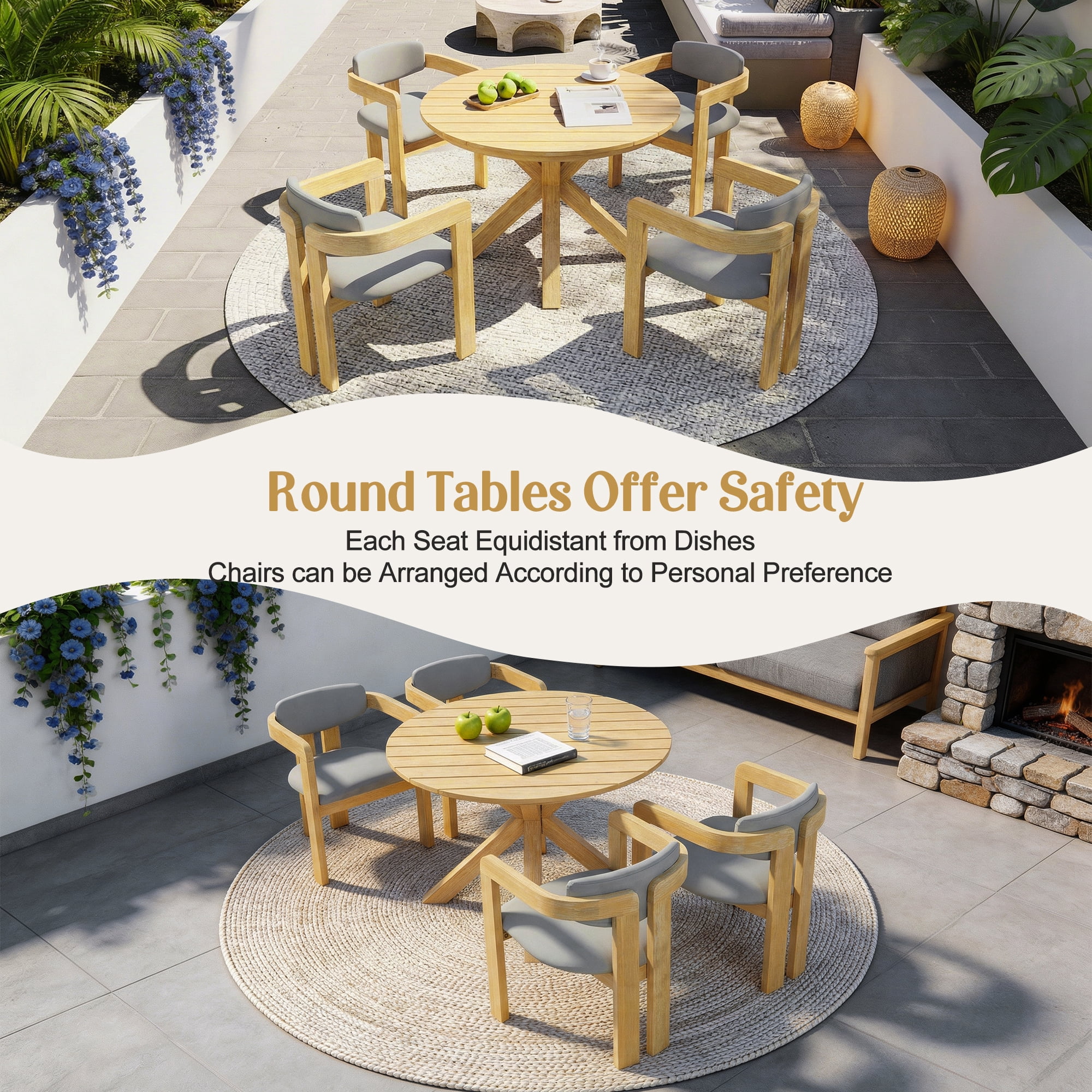 Mintazer 5 Piece Outdoor Dining Set, Patio Dining Set with Round Table & 4 Barrel Chairs, Modern Garden Conversation Set with Cushions for Patio Garden Balcony Backyard, Natural & Gray
