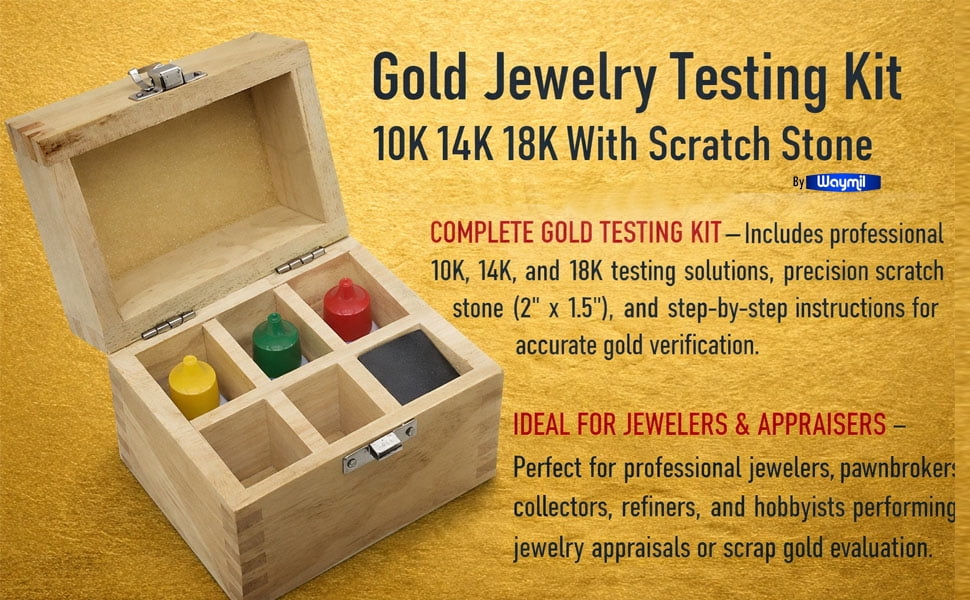 Gold Jewelry Testing Kit 10K 14K 18K with Scratch Stone and Wooden Storage Box