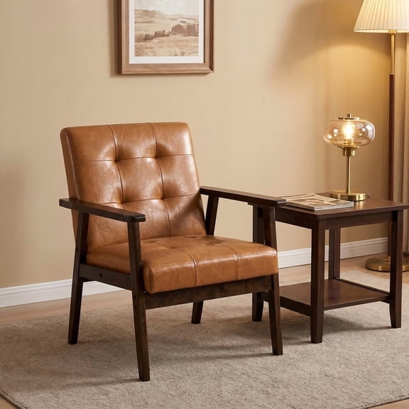 iooHug Mid-Century Modern PU Leather Accent Chair, Upholstered Armchair with Solid Wood Frame for Living Room Bedroom