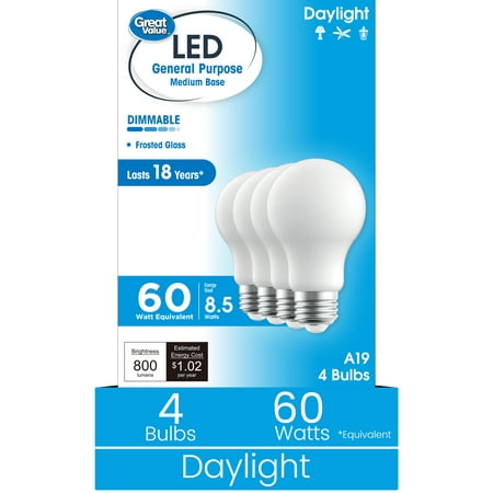 Great Value 18YR A19 LED Light Bulb, 8.5W(60W Equivalent) Dimmable Daylight E26 Medium Base, 4 Pack