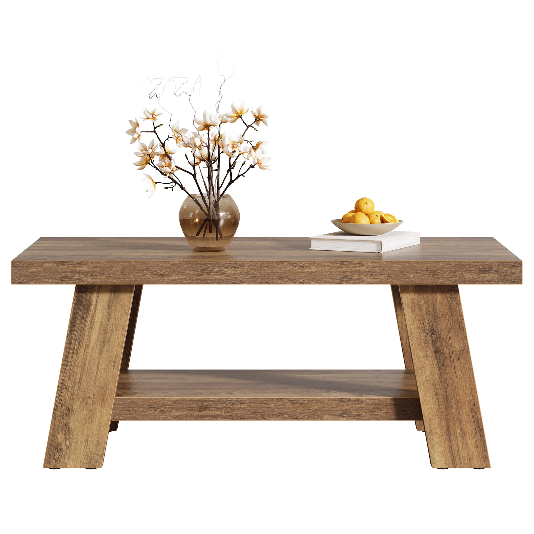 Fnova 47 Inch 2-Tier Farmhouse Coffee Table with Storage Shelf, Rectangle Center Table, Cocktail Tea Table for Living Room, Apartment, Home Office