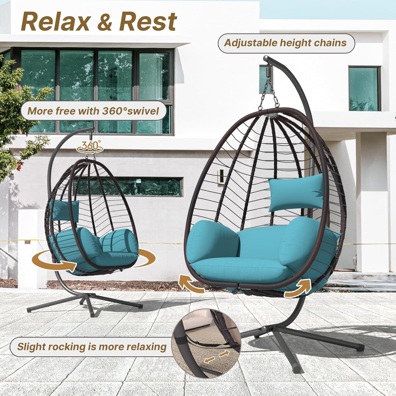 ALAULM Hanging Egg Chair with Stand, Indoor Outdoor Wicker Rattan Egg Swing Chair with Cushion Headrest, Hammock Chair 350lbs Capacity for Bedroom Patio Porch Garden Balcony(Blue)