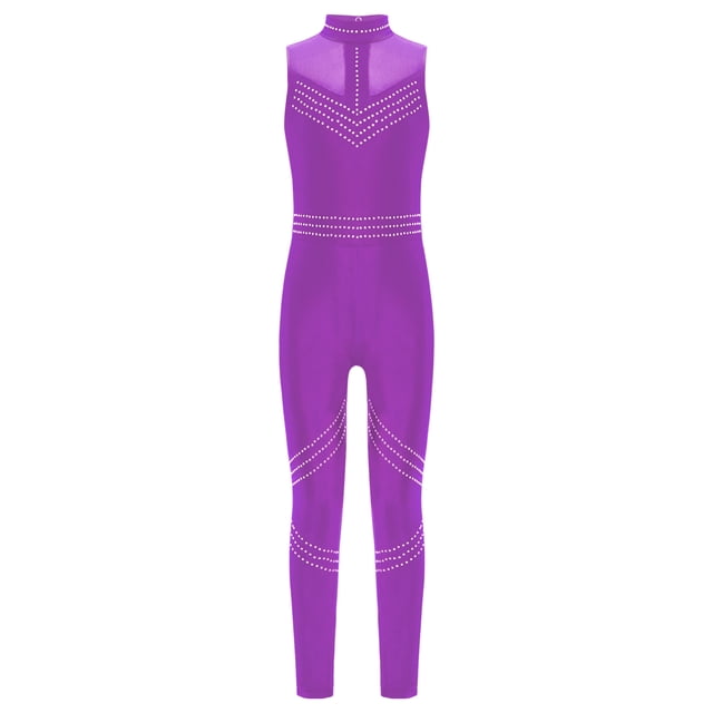 dPois Girls Rhinestone Gymnastics Leotards Ballerina Dance Costume Mock Neck Key Hole Back Figure Purple 6