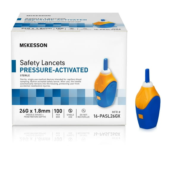 McKesson Safety Lancets, Pressure-Activated - 26 Gauge Needle, 1.8mm Depth, 100 Count, 20 Packs, 2000 Total