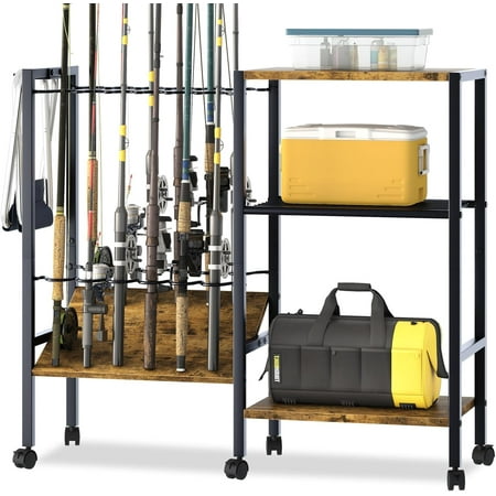 Fishing Rod Rack Fishing Equipment Organizers With Wheels Metal Fishing Gear Shelf Up To 12 Rods Fishing Rod Holders Fishing Pole Storage Cart For Garage Home Entryway Corner