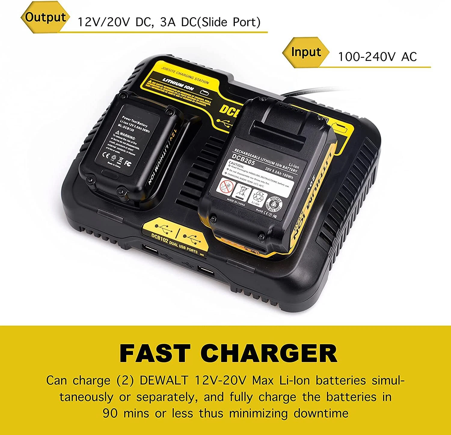 for Dewalt DCB102 20V Li-ion Battery Dual Charger Fast Charger with 2 USB Ports