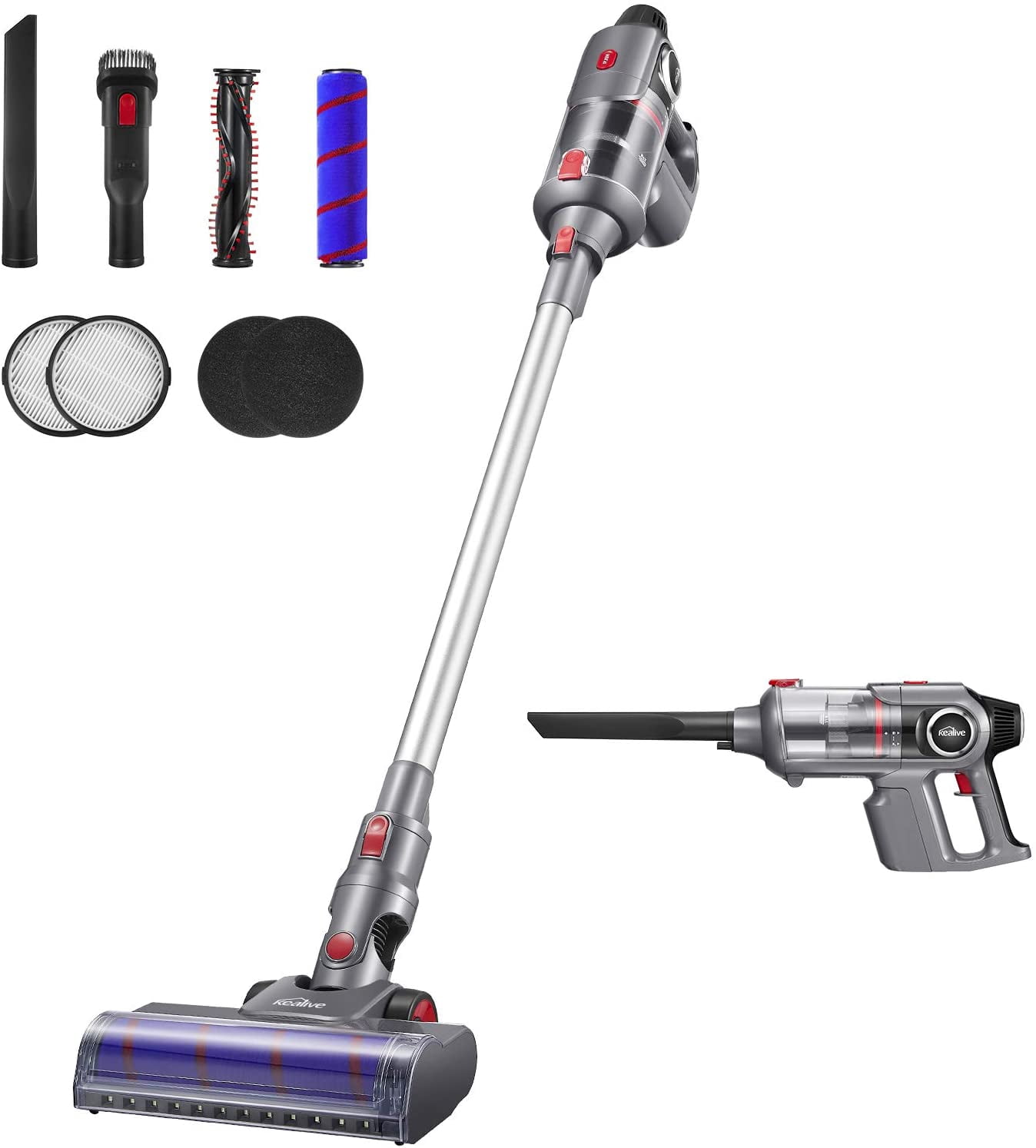 Kealive Cordless Vacuum, 23000pa Stick Vacuum 5 in 1, Smart Sensor Tech,  8-Cell Lithium-ion Batteries, Up to 70 Minutes Runtime, Ultra-Lightweight  with Brushless Motor Multi-attachments (Silver) - Walmart.com
