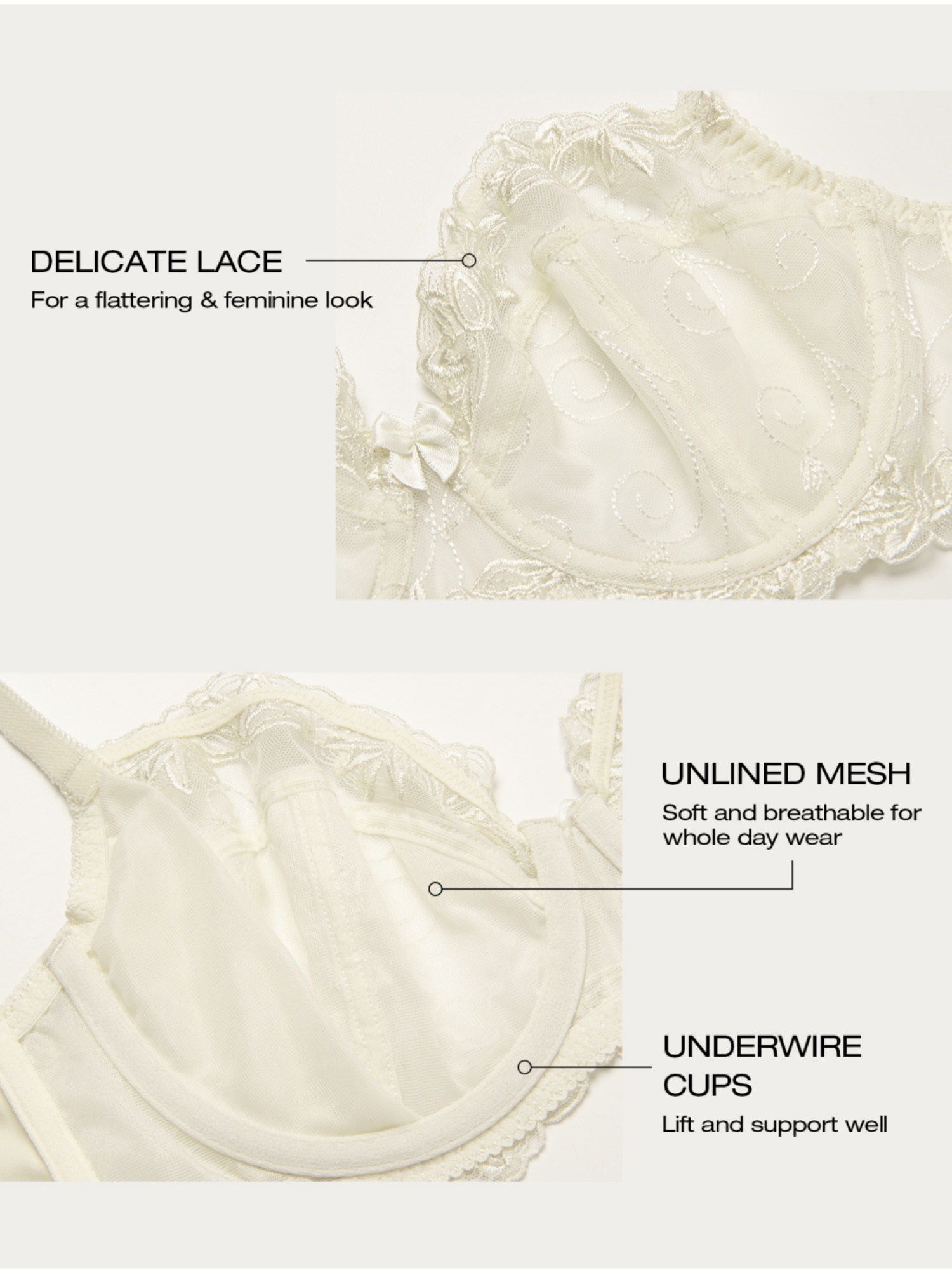 Deyllo Women's Push up Lace Bras Plus Size Unpadded Full Figue Underwire Support Demi See Though Bra, Ivory 34B