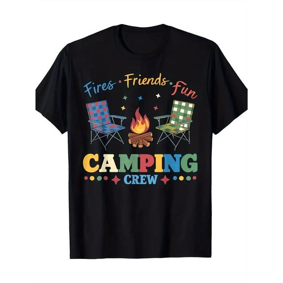 Fires Friends Fun Camping Crew Graphic T-Shirt, Unisex Cotton Crew Neck Top, All Season Outdoor Camper Tee, Casual Apparel For Adventure Lovers And Camping Groups