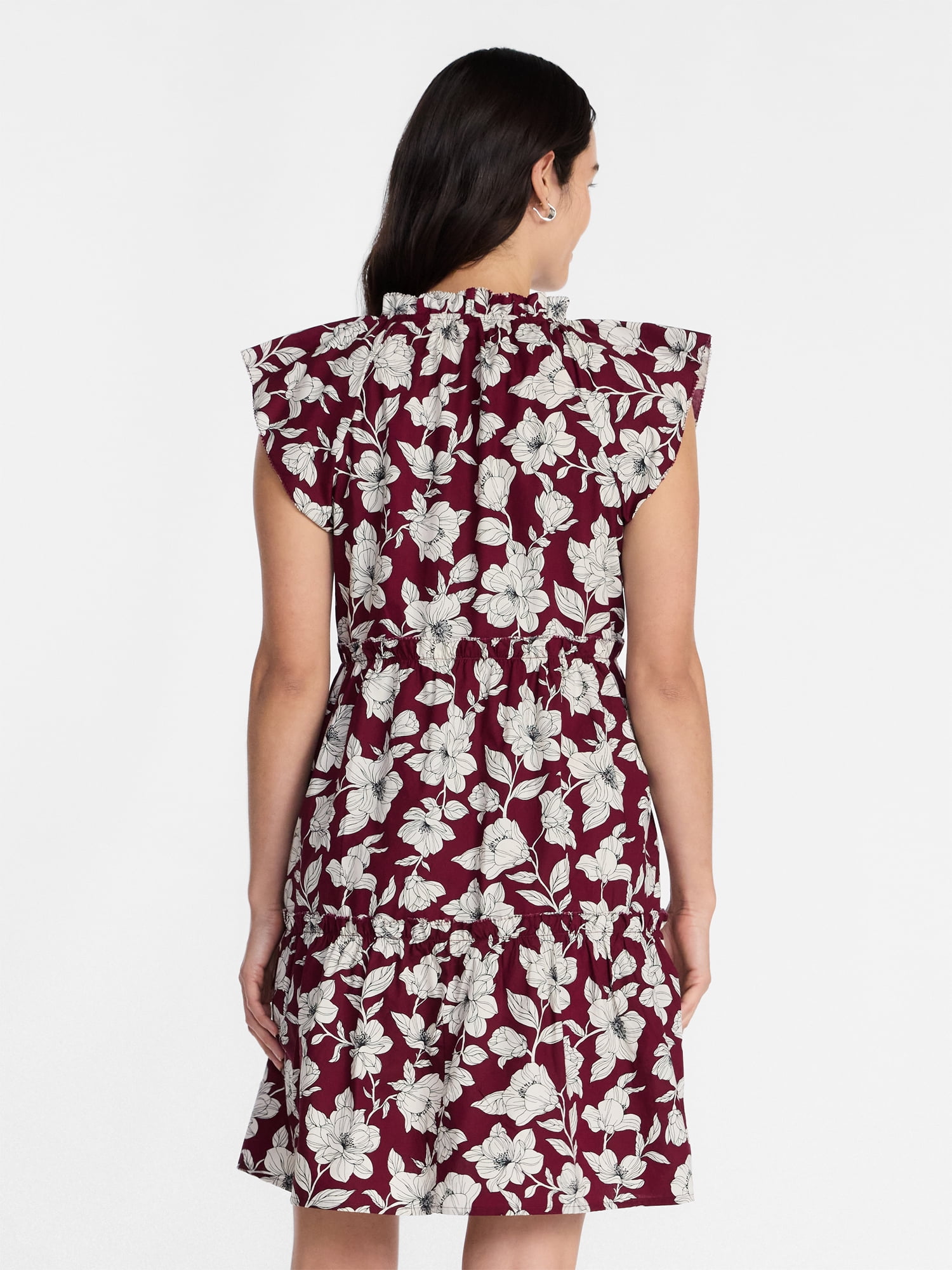 Time and Tru Women's and Women's Plus Tiered Cotton Mini Dress with Flutter Sleeves, Sizes XS-4X