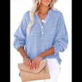 thumbnail image 1 of Blusas Casuales de Larga con Cuello en V y Botones para Mujer, Blusas Lisas de Gran Tamaño. Azul M, 1 of 7