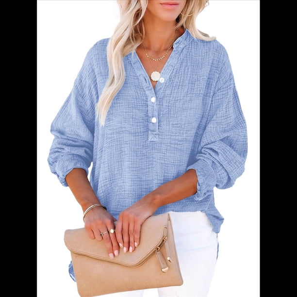 Blusas Casuales de Larga con Cuello en V y Botones para Mujer, Blusas Lisas de Gran Tamaño. Azul M