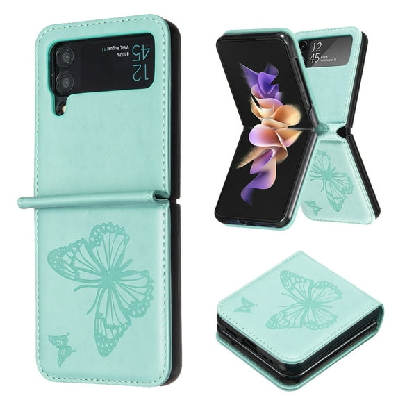 TECH CIRCLE Galaxy Z Flip 4 Case, Luxury Embossed Butterfly PU Leather Shockproof Full Body Protection Kickstand Flip Folio Shockproof TPU Phone Cover for Samsung Galaxy Z Flip 4 6.7", Green