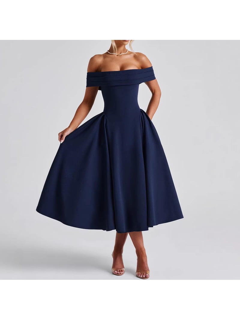 off the shoulder fit and flare midi dress Light Blue Off-Shoulder Fit and Flare Midi Dress (S, light blue)