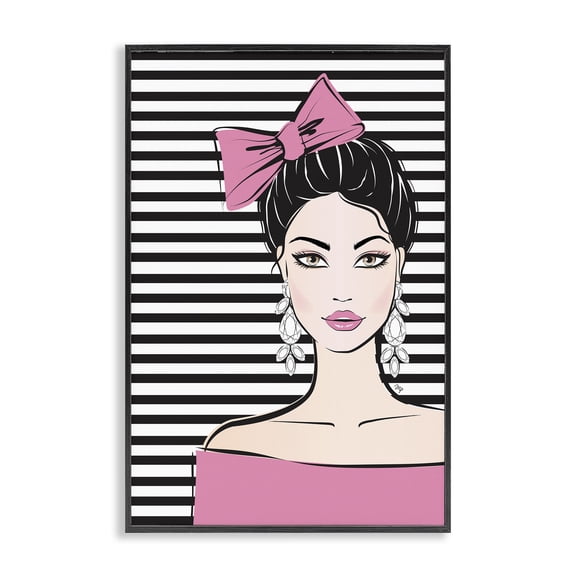 Stupell Industries Contemporary Girl with Pink Bow & Earrings Black Framed Giclee Art, 12 x 18, by Martina Pavlova