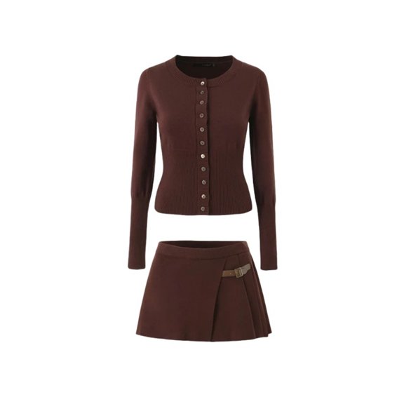 Women's Knit Sweater Skirt Suit Round Neck Long Sleeve Design with Side Pleats A Line Outfit Set