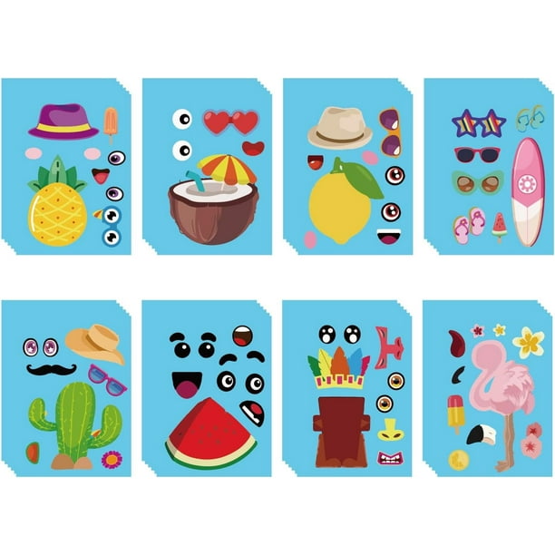 48 hojas de 8 estilos Hawaii Make a face Stickers Crea tus propias pegatinas de piña y flamenco Pegatinas adhesivas de playa de verano para mezclar y combinar