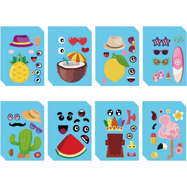 48 hojas de 8 estilos Hawaii Make a face Stickers Crea tus propias pegatinas de piña y flamenco Pegatinas adhesivas de playa de verano para mezclar y combinar