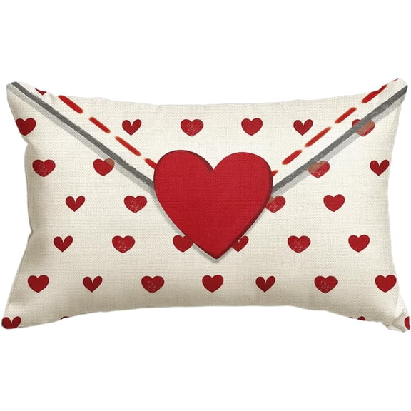 Valentine's Day Envelope Throw Pillow Cover, 12 x 20 Inch Red Heart White Anniversary Wedding Cushion Case Decoration for Sofa Couch
