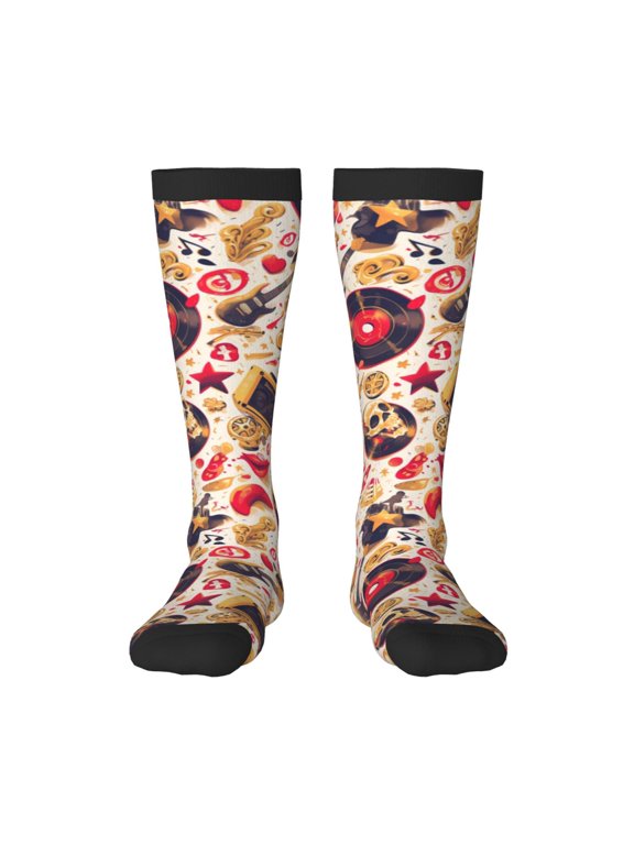 gold Skull Guitar record print thigh-high socks, crafted for both men and women with a stretchy, high-opaque design perfect for daily wear