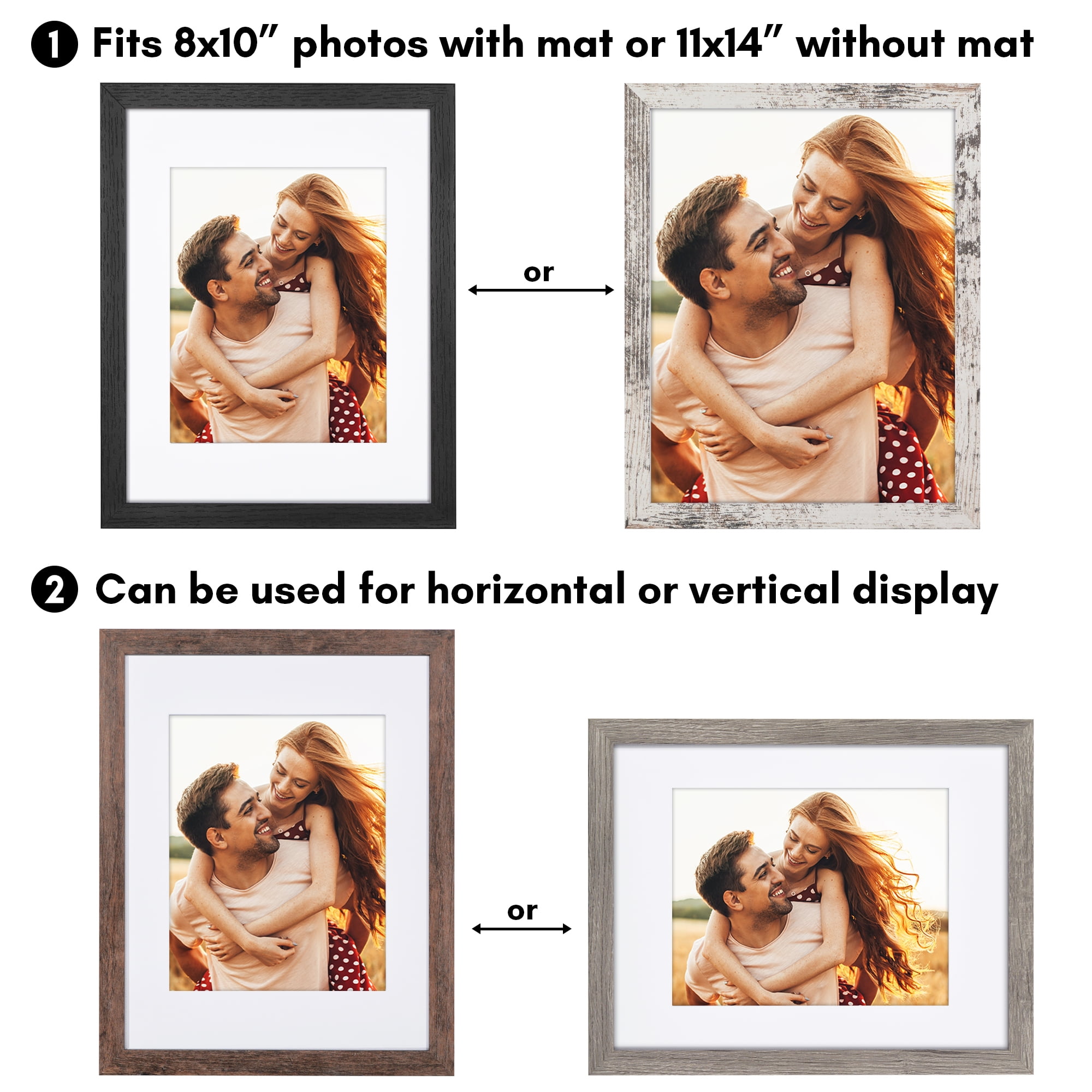 Americanflat 11x14 Picture Frame with 8x10 Mat 4 Pack - Rustic Picture Frames Shatter Resistant Glass and Easel