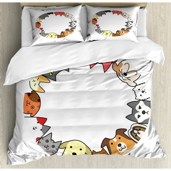 Cat Lover Duvet Cover Set Queen Size, Friendly Cats and Dogs Circle Together Happy Faces Illustration Cartoon Style, Decorative 3 Piece Bedding Set with 2 Pillow Shams, Multicolor, by Ambesonne