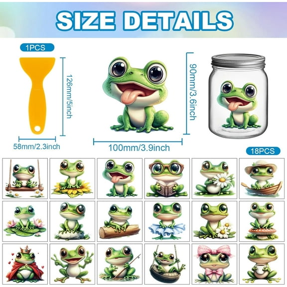 18 Sheets Cute Frog Transfer Stickers 3.9x3.6inch Flower Mushrooms Colorful Decal Rub on Transfer for Furniture Vase Glass Art Crafts Decorations